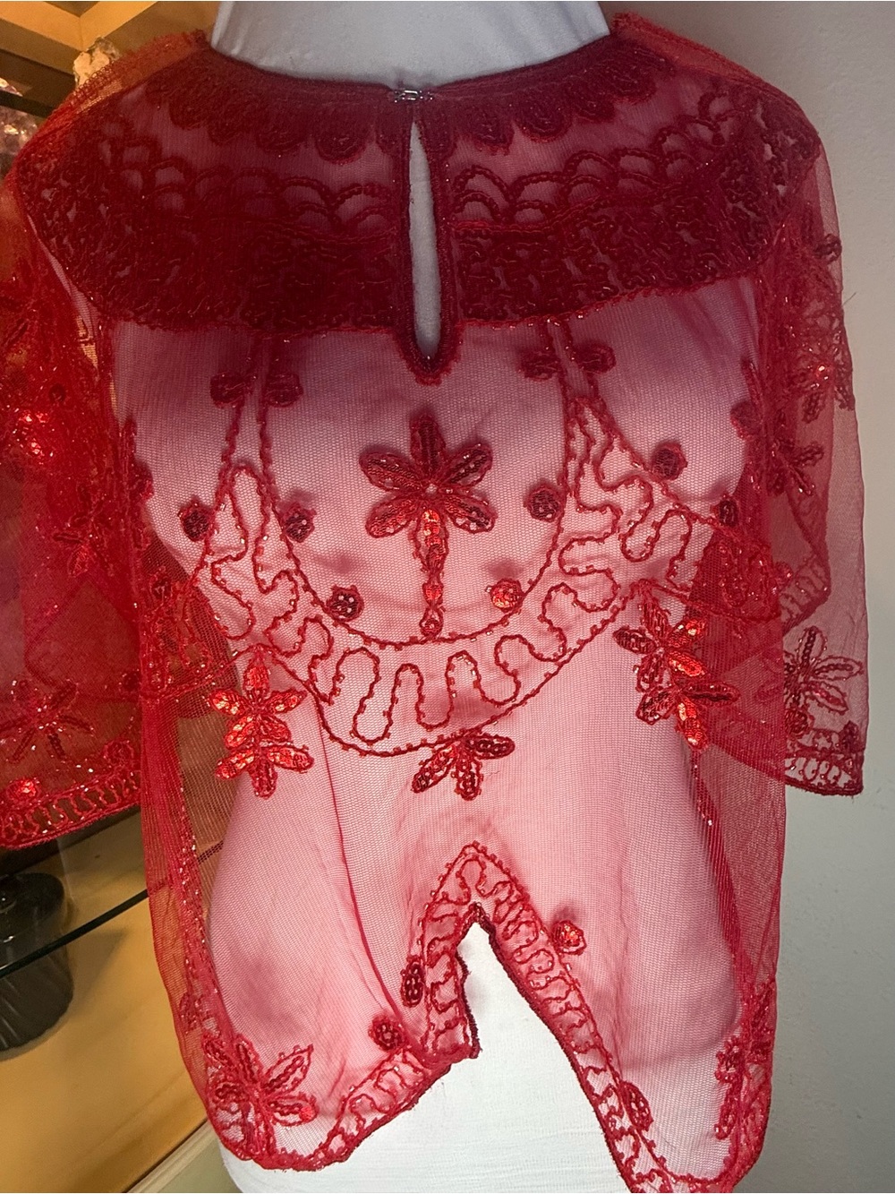 1920s Style Great Gatsby Flapper Red Beaded Sequin Mesh Capelet Shrug - Picture 5 of 7